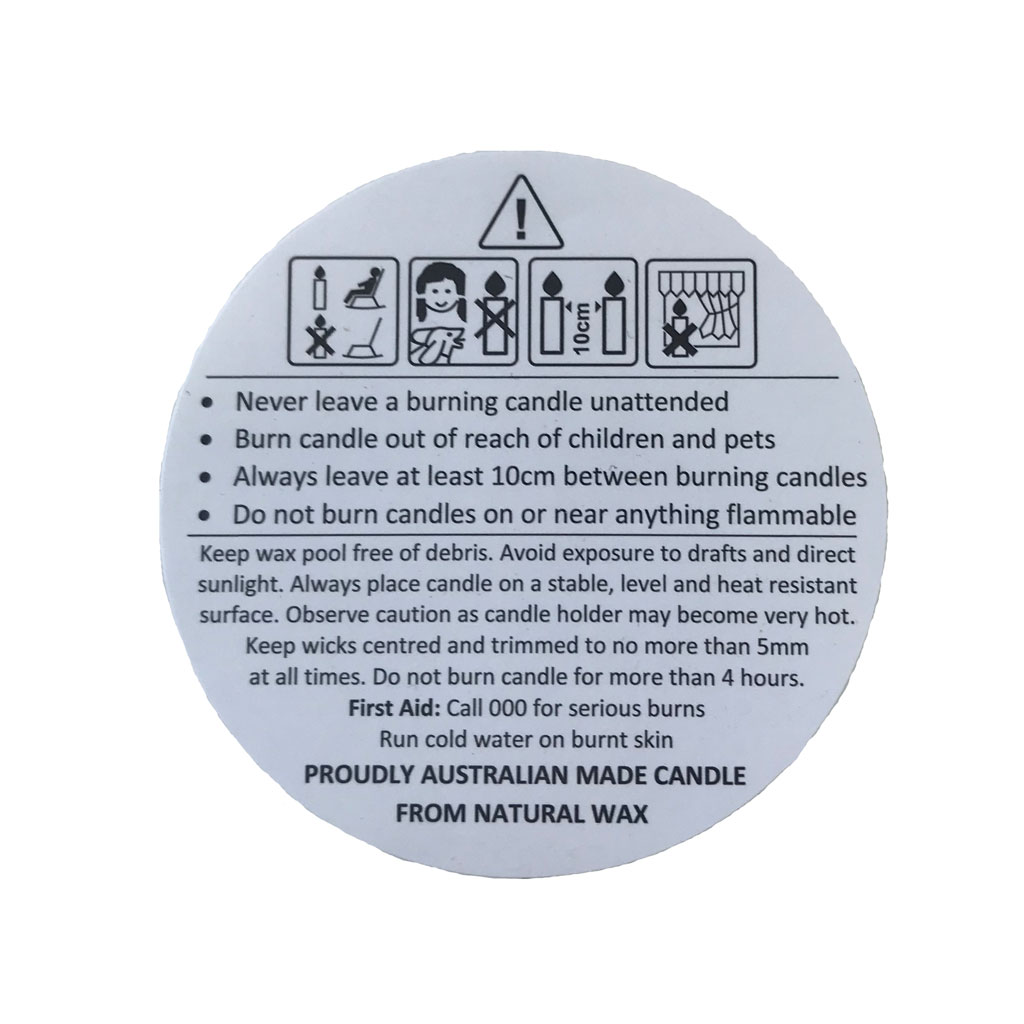 CANDLE WARNING LABELS SAFETY BURNING STICKERS 25MM 37MM 45MM MATT GLOSS CLEAR 